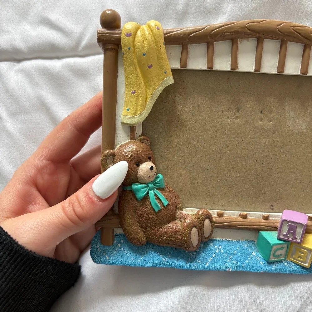 Vintage 90s Teddy Bear Baby Crib 3D Picture Frame Blue Brown Nursery